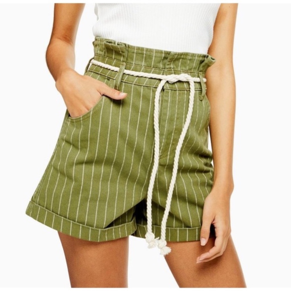 Topshop Women's Green/White Stripe Rope Belt High Waist Paperbag Shorts, size 12